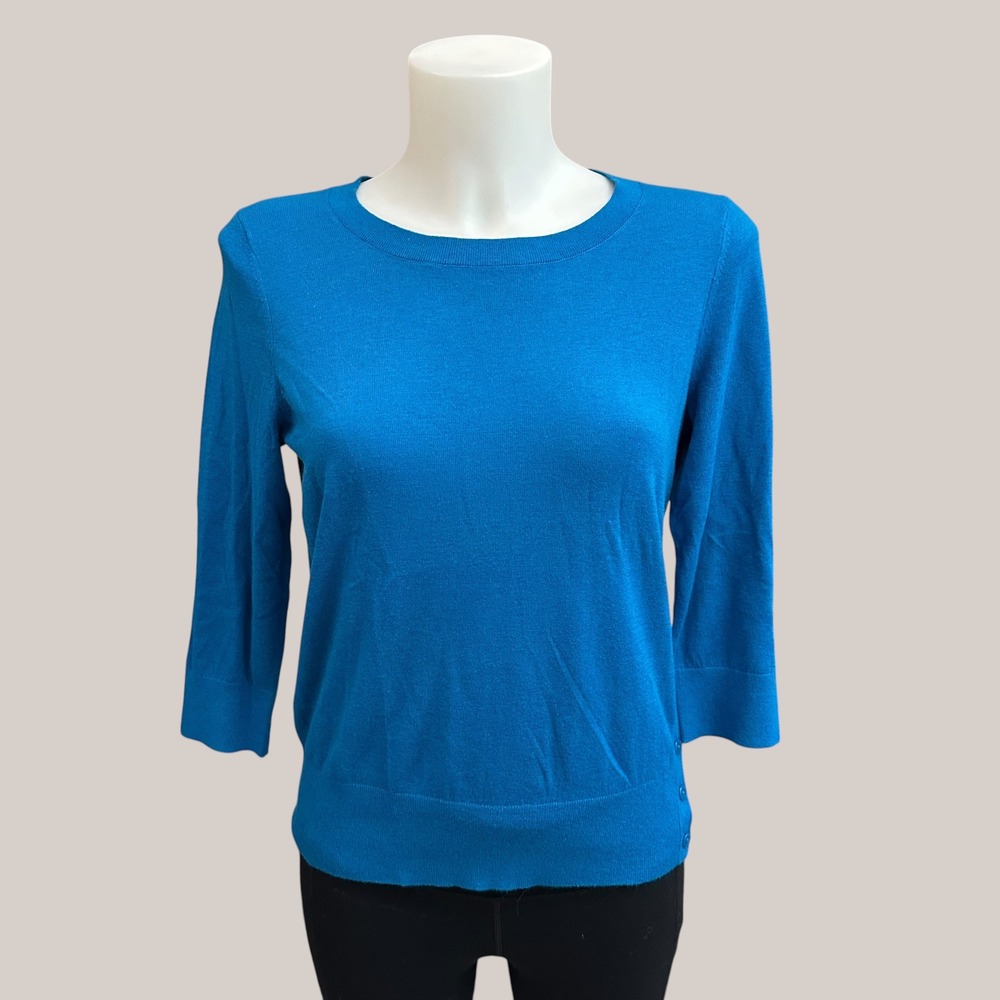 Ann Taylor Blue 3/4 Sleeve Wool Blend Knit Sweater  Side Button Accent Sz S New